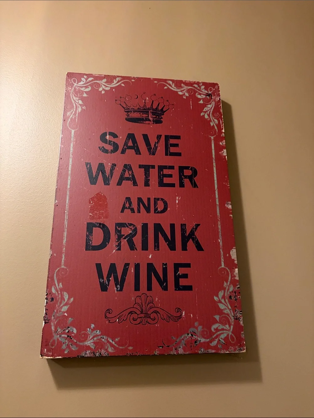 Vintage-Style Red 'Save Water and Drink Wine' Wall Sign